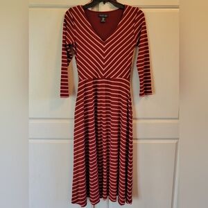 Rachel Zoe Red Orange White Striped Ribbed Texture V-Neck 3/4 Sleeve Midi Dress